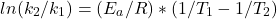 \[ln(k_2/k_1) = (E_a/R) * (1/T_1 - 1/T_2)\]