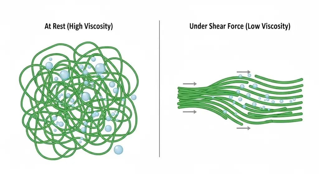Sơ đồ minh họa cơ chế giả dẻo shear-thinning của Xanthan Gum