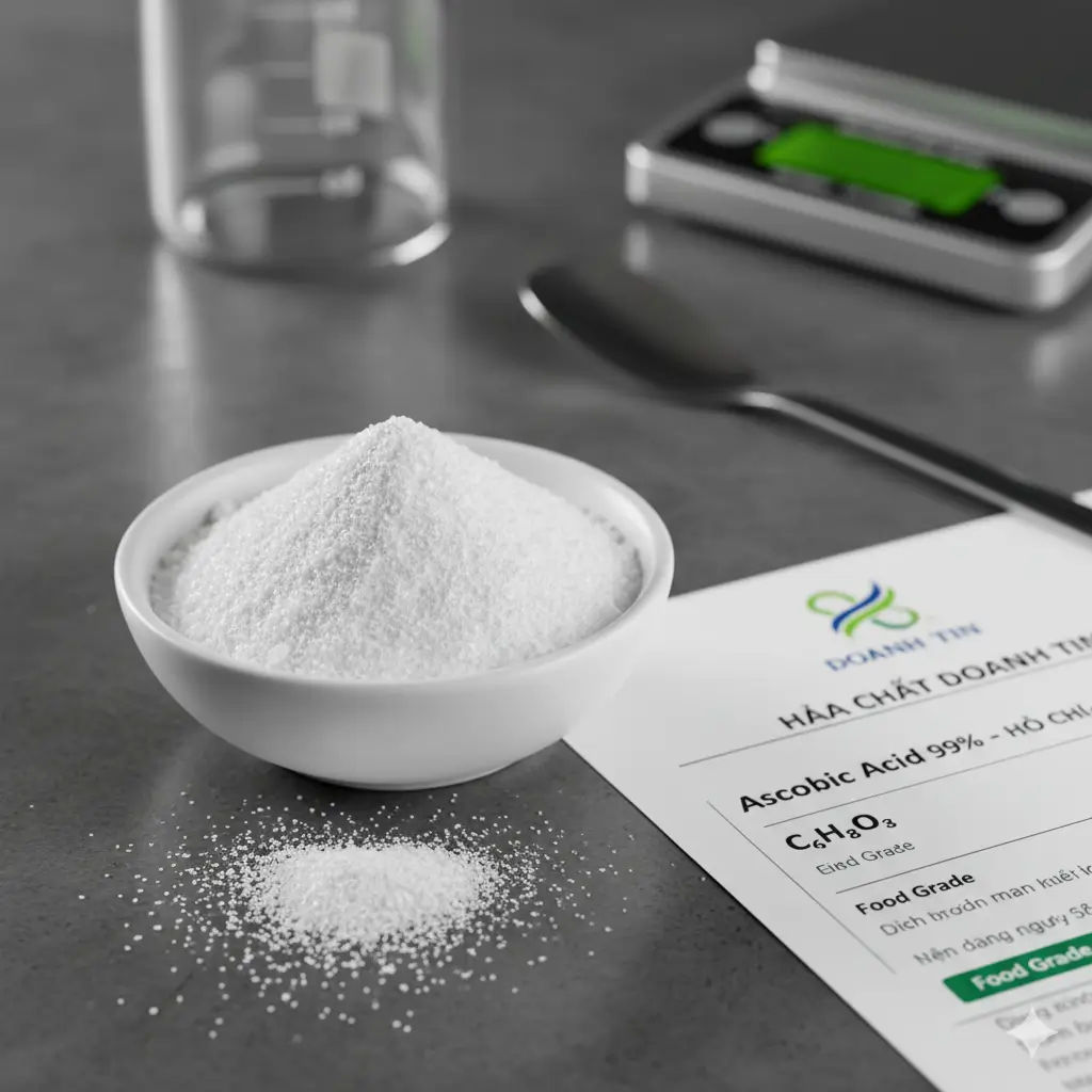 Bảng thông số kỹ thuật chi tiết của Ascorbic Acid 99% do Doanh Tín cung cấp.