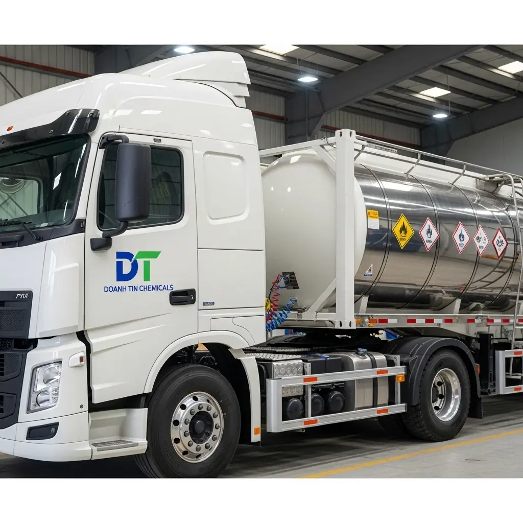Phương tiện vận chuyển hóa chất chuyên dụng ISO tank của Hóa Chất Doanh Tín, đảm bảo các tiêu chuẩn an toàn cao nhất.