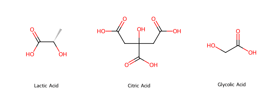 So sánh cấu trúc phân tử Acid Lactic, Acid Citric, và Acid Glycolic