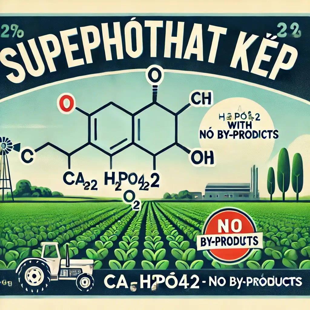 Hình ảnh minh họa supephotphat kép - phân lân không có sản phẩm phụ, với công thức hóa học Ca(H₂PO₄)₂ và cảnh đồng ruộng xanh tươi, tượng trưng cho hiệu quả của phân bón trong nông nghiệp.