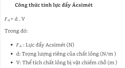 Công thức tính lực đẩy ác si mét đơn giản