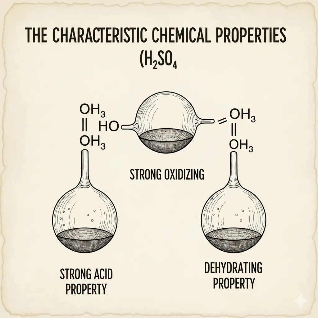 Sơ đồ mô tả 3 tính chất hóa học đặc trưng của Axit Sunfuric: tính axit mạnh, tính oxy hóa mạnh, và tính háo nước.