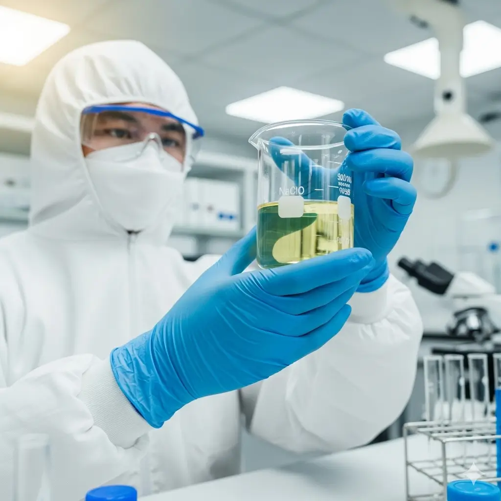 Kỹ thuật viên Hóa Chất Doanh Tín kiểm tra chất lượng dung dịch Natri Hypoclorit (NaClO).