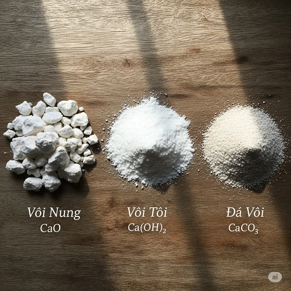 So sánh trực quan các loại vôi bột nông nghiệp phổ biến như vôi nung, vôi tôi và đá vôi.