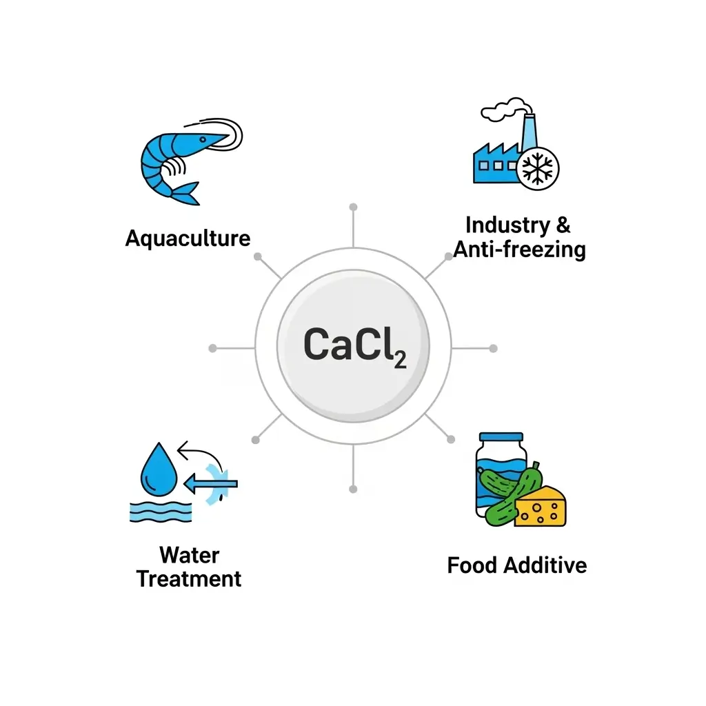 Infographic tổng hợp các ứng dụng chính của Canxi Clorua (CaCl2) trong đời sống.