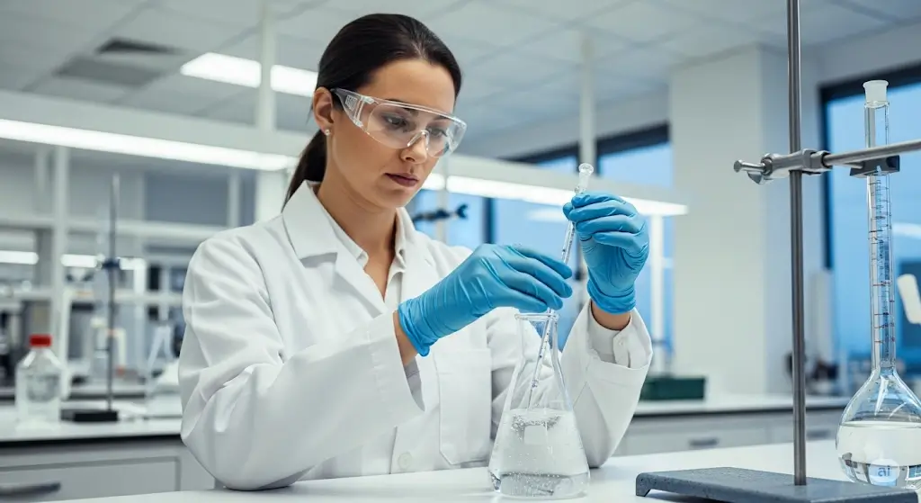 Một chuyên gia trong phòng thí nghiệm trang bị đầy đủ đồ bảo hộ cá nhân (PPE) khi làm việc với hóa chất Butyl Glycol.