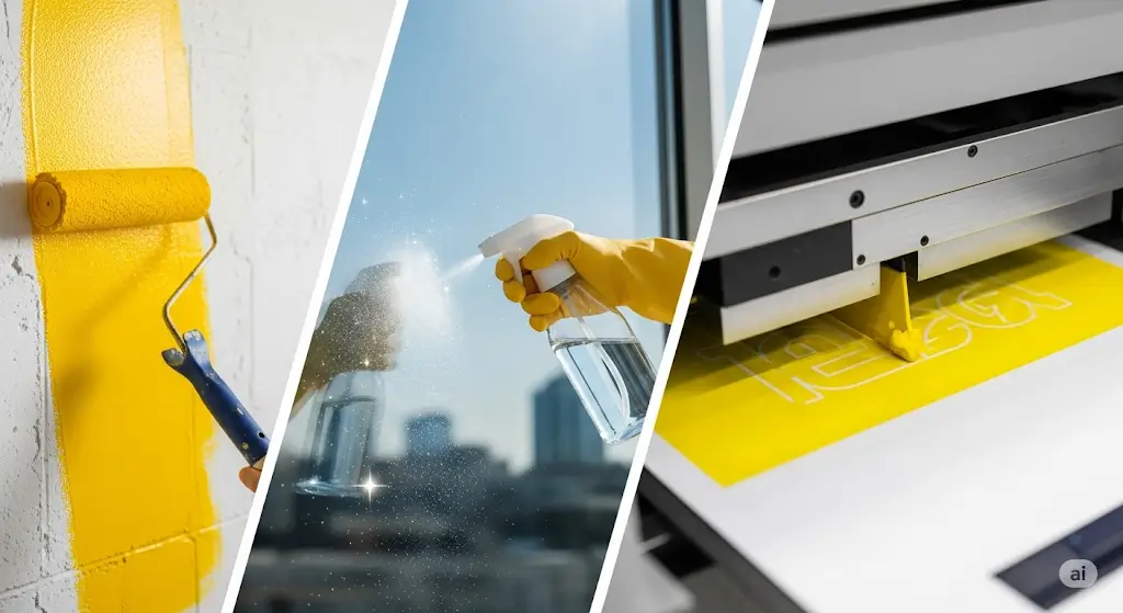 Hình ảnh minh họa ba ứng dụng chính của Butyl Glycol: làm dung môi cho sơn tường, thành phần trong chất tẩy rửa kính và tối ưu hóa mực in công nghiệp.