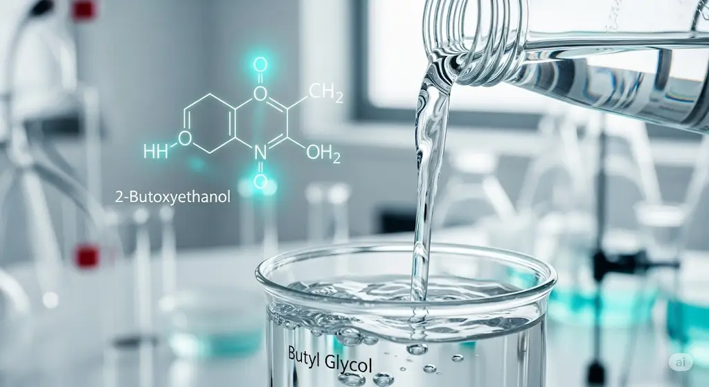 Cận cảnh hóa chất Butyl Glycol trong cốc thí nghiệm, thể hiện dạng chất lỏng trong suốt không màu và cấu trúc phân tử.