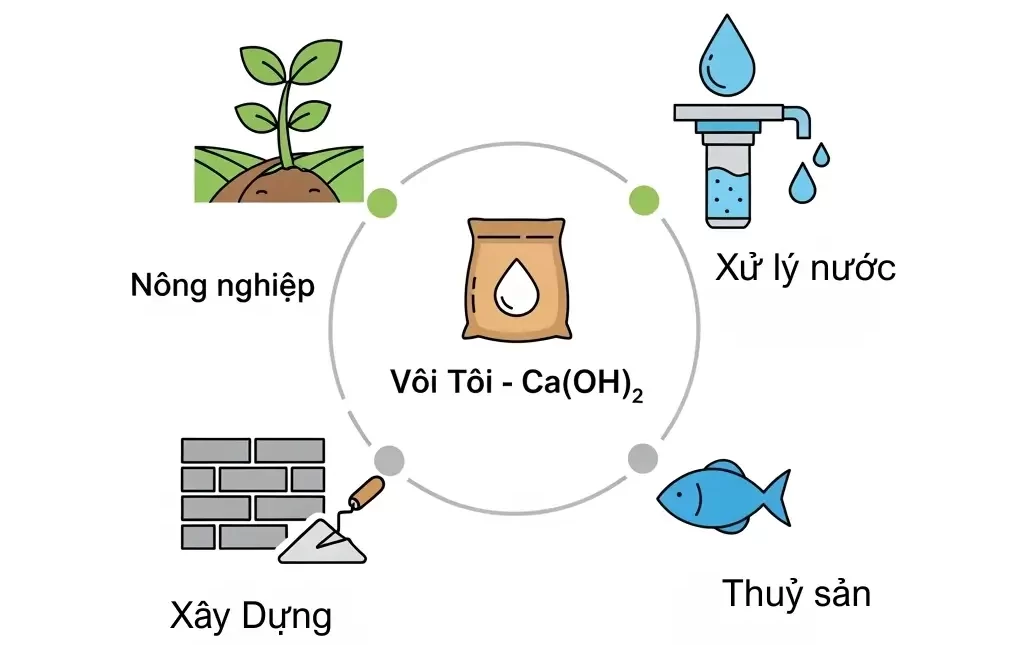 Infographic thể hiện các công dụng chính của vôi tôi trong nông nghiệp, xử lý nước, xây dựng và nuôi trồng thủy sản.