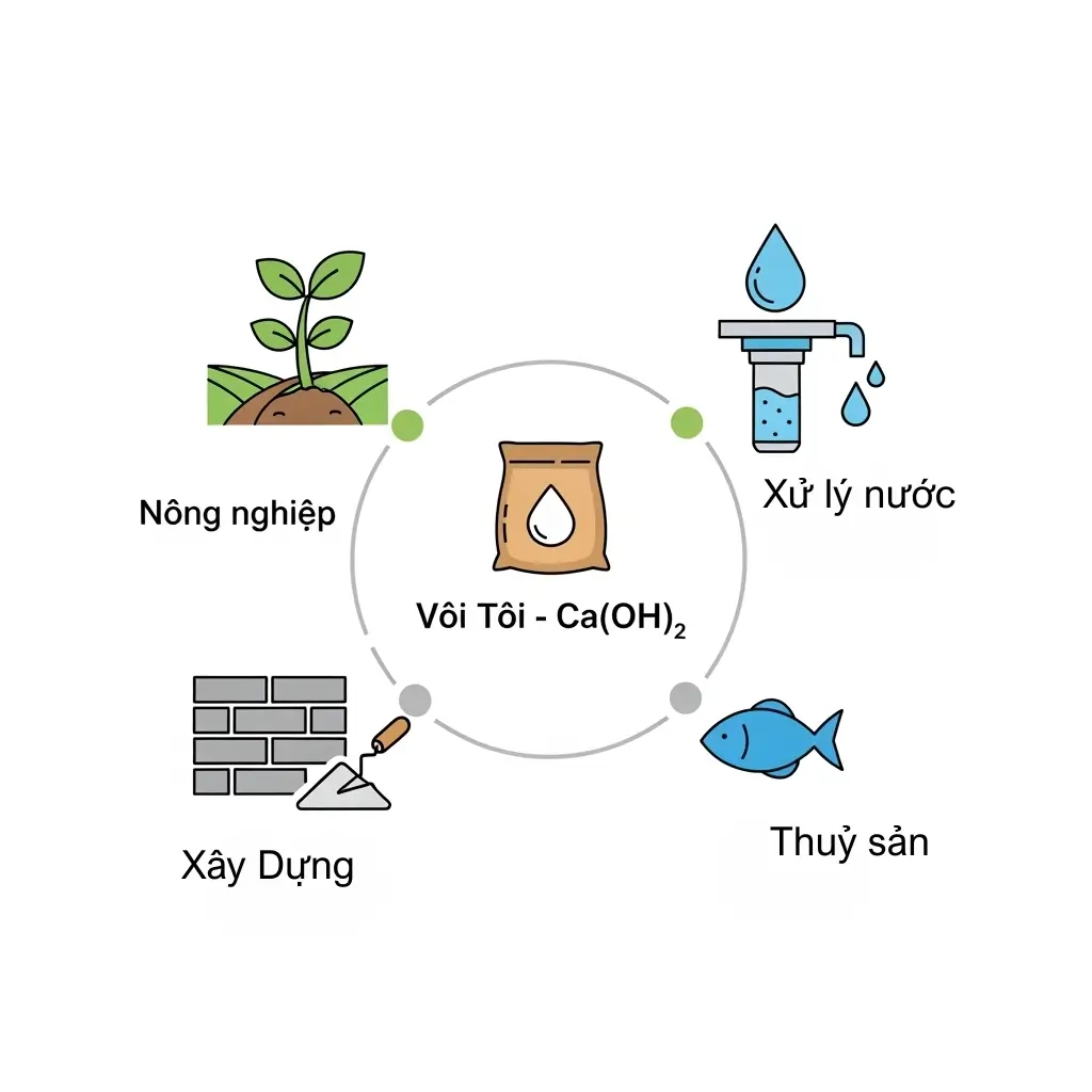 Infographic thể hiện các công dụng chính của vôi tôi trong nông nghiệp, xử lý nước, xây dựng và nuôi trồng thủy sản.