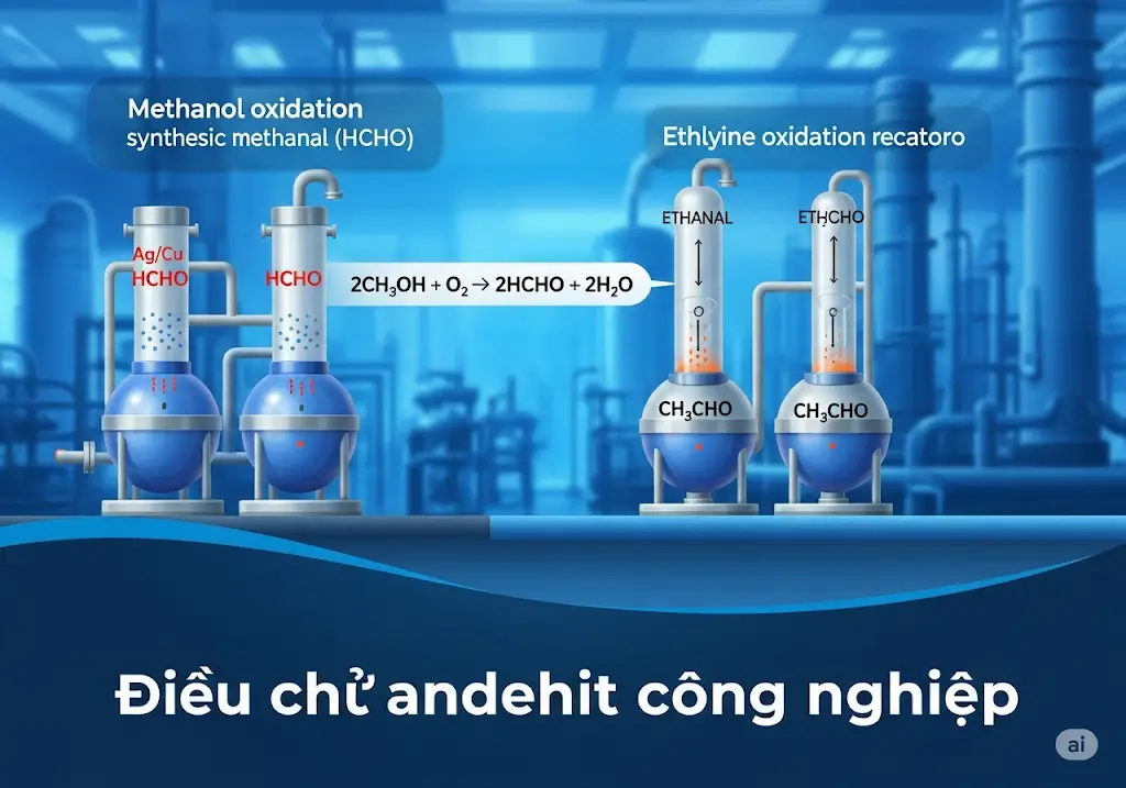 Xem hình ảnh Điều chế andehit công nghiệp để hiểu cách sản xuất methanal và ethanal tại nhà máy hóa chất.
