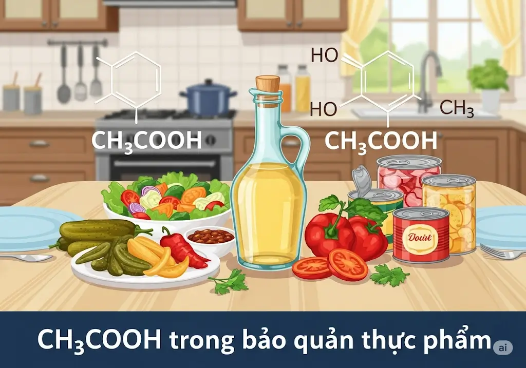 Xem hình ảnh Giấm ăn bảo quản để thấy cách CH3COOH giúp bảo quản thực phẩm như dưa muối và salad.