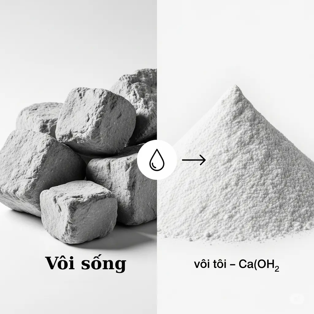 Hình ảnh so sánh trực quan giữa vôi sống (dạng cục) và vôi tôi (dạng bột mịn màu trắng)
