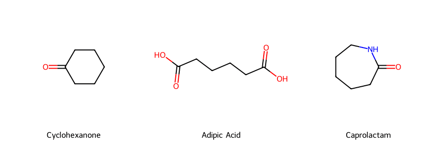 Cấu trúc phân tử Cyclohexanone, Adipic Acid, và Caprolactam