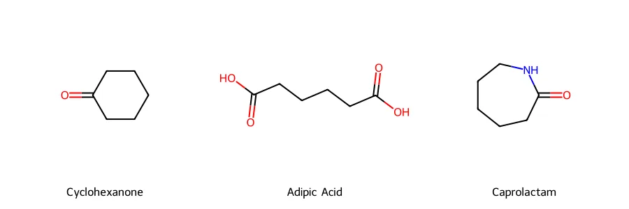 Cấu trúc phân tử Cyclohexanone, Adipic Acid, và Caprolactam