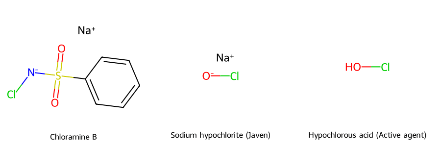 Cấu trúc phân tử của Chloramine B, Sodium Hypochlorite (Javen) và Axit Hypochlorous