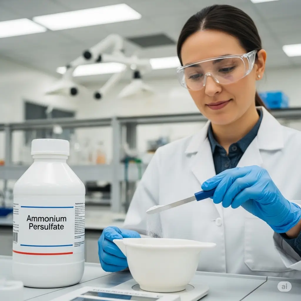 Chuyên gia xử lý hóa chất Ammonium Persulfate với đầy đủ trang bị bảo hộ lao động.