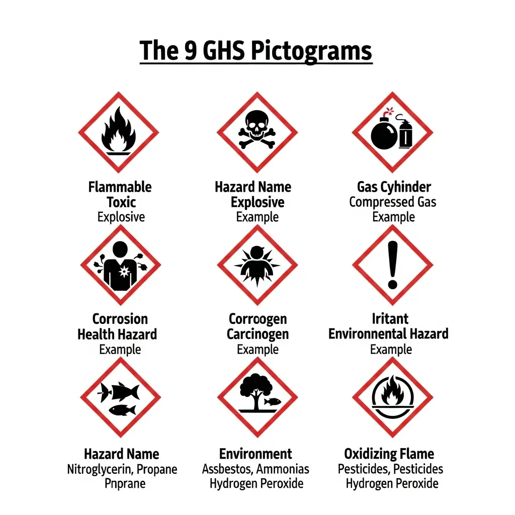 Infographic of 9 GHS pictograms with examples