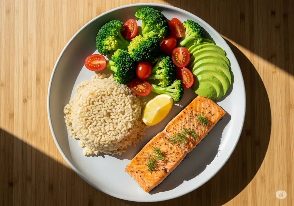 Một đĩa thức ăn cân bằng với carb tốt, đạm và chất béo lành mạnh