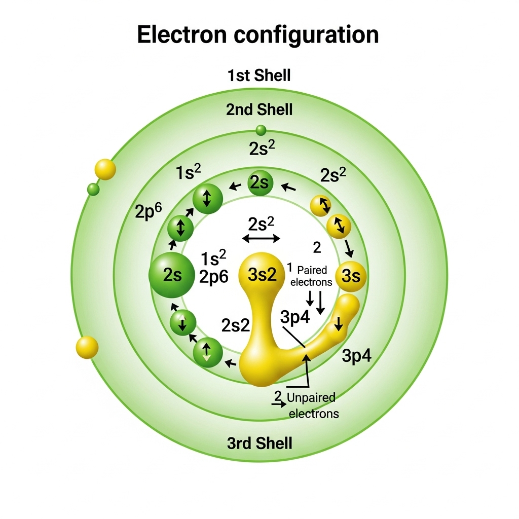 Sơ đồ cấu hình electron chi tiết của nguyên tố lưu huỳnh S với nhãn orbital