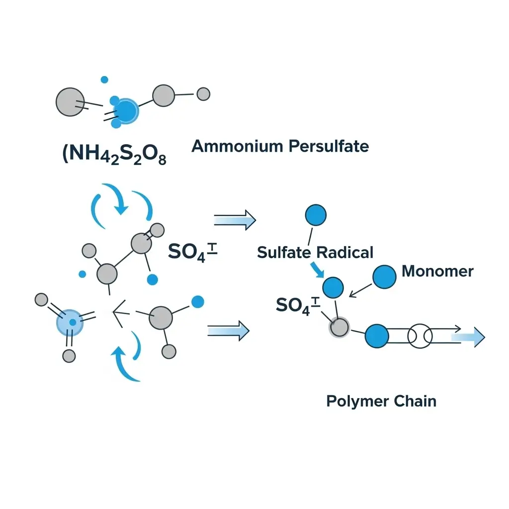 Sơ đồ cơ chế Ammonium Persulfate (APS) khơi mào phản ứng trùng hợp polymer.