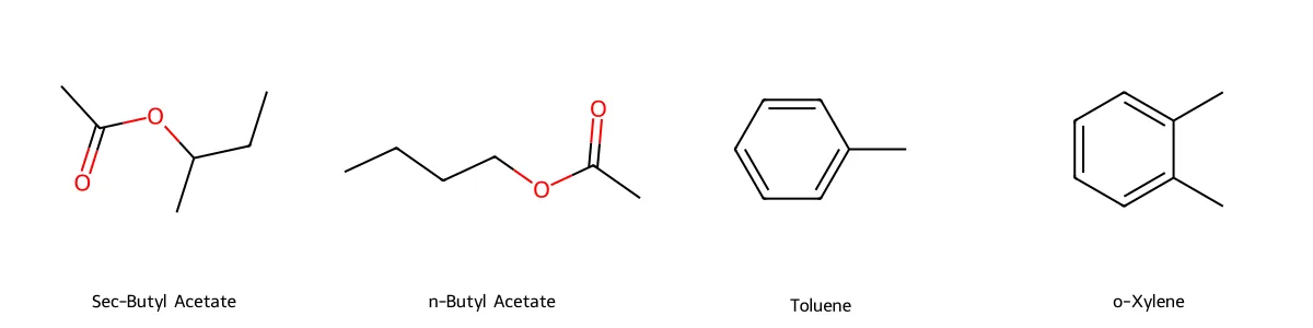 So sánh cấu trúc phân tử của Sec-Butyl Acetate, n-Butyl Acetate, Toluene và o-Xylene