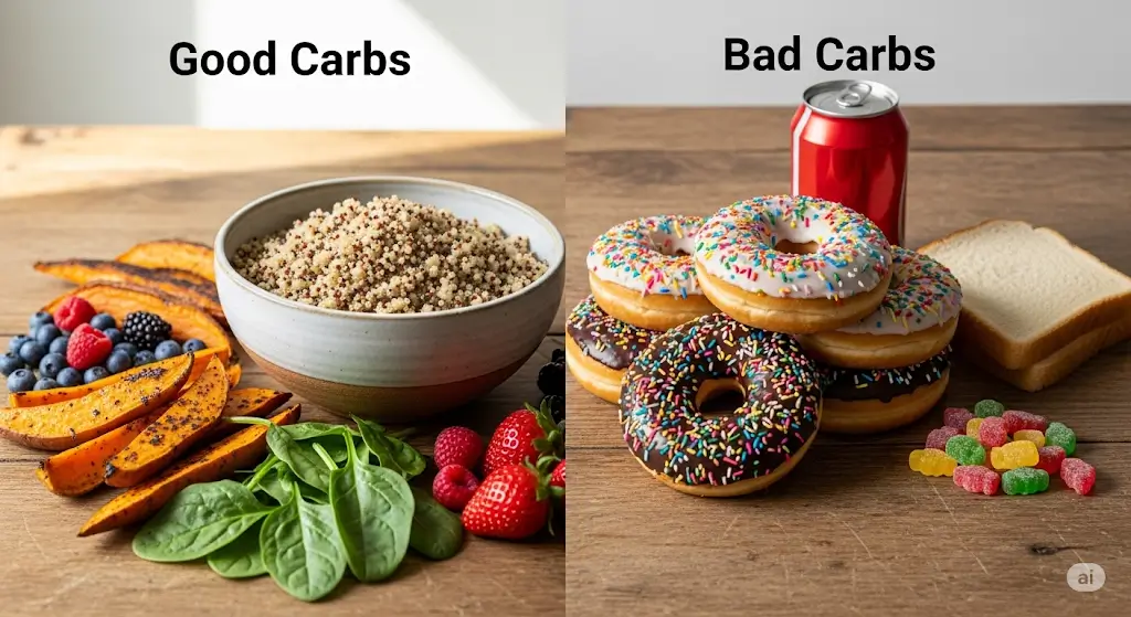 So sánh hình ảnh giữa carbohydrate tốt (phức hợp) và carbohydrate xấu (đơn giản)