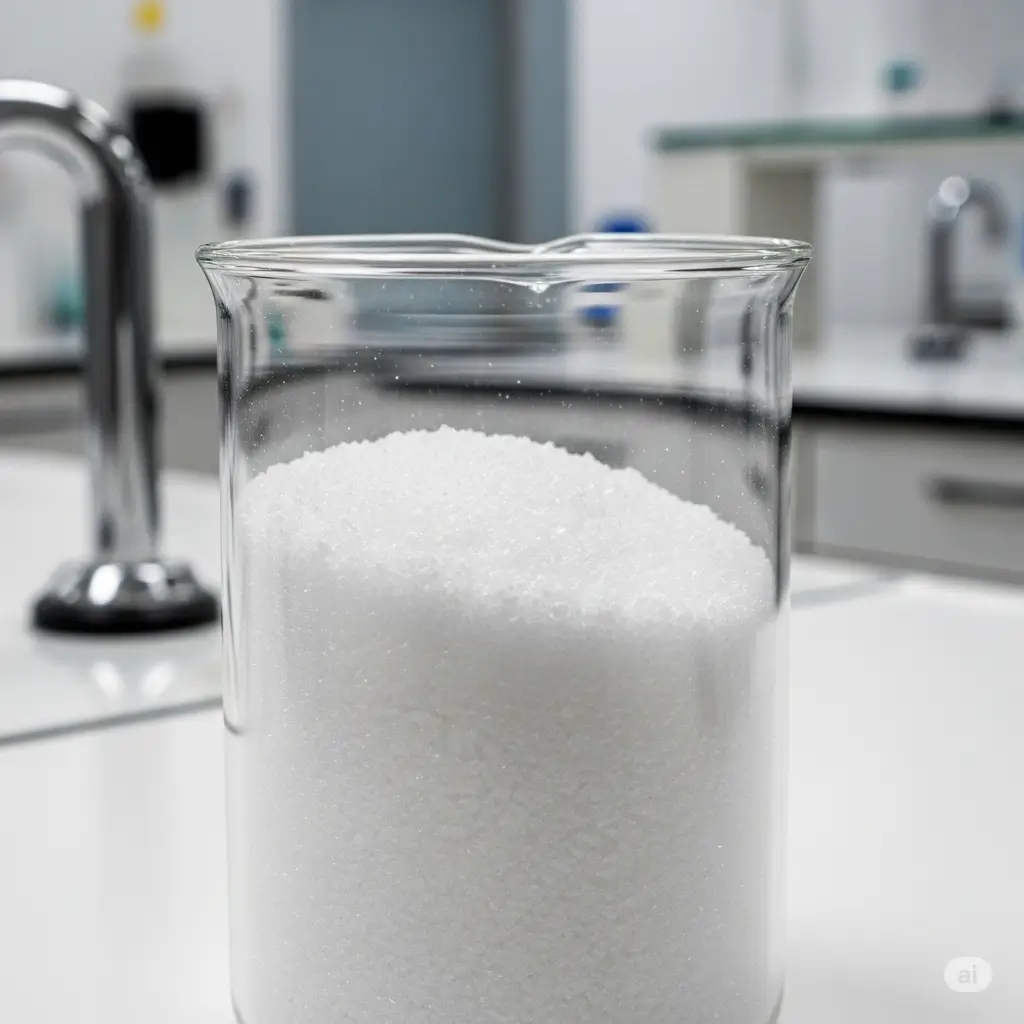 Tinh thể Ammonium Persulfate (APS) dạng bột trắng trong cốc thí nghiệm.