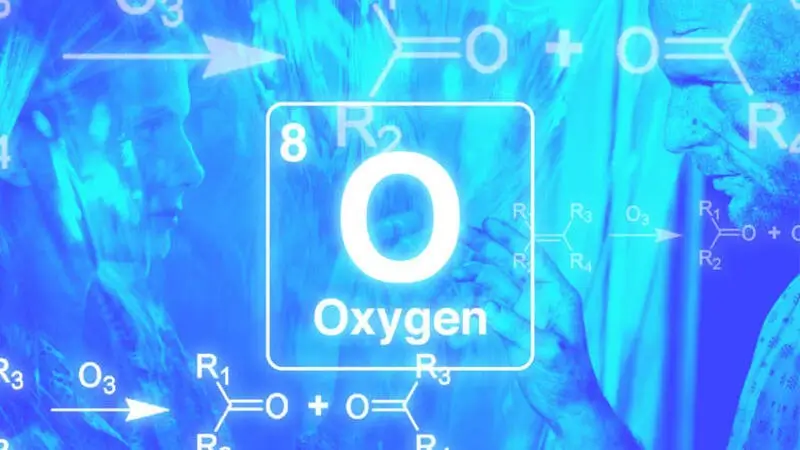 Sơ đồ mô tả nguyên tử Oxygen với 8 proton, 8 electron và vị trí của nó trong nhóm 16 của bảng tuần hoàn.