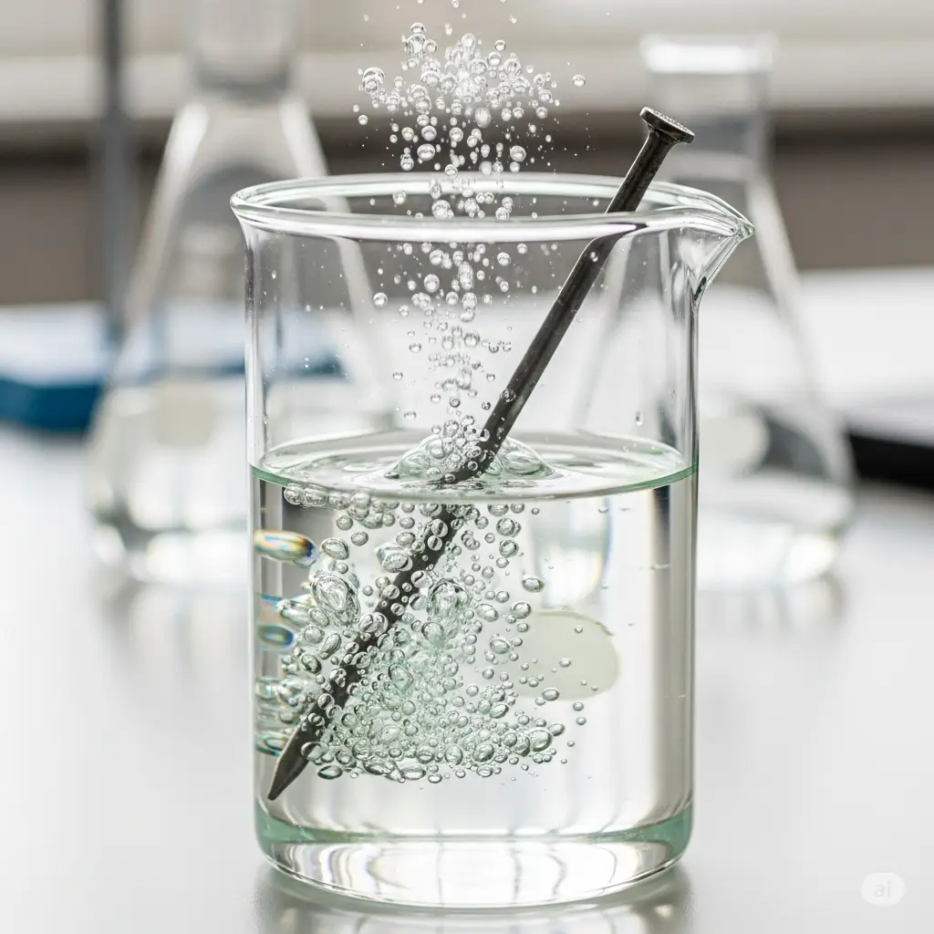 Phản ứng giữa Sắt (Fe) và Axit Clohydric (HCl) sủi bọt khí Hydro.