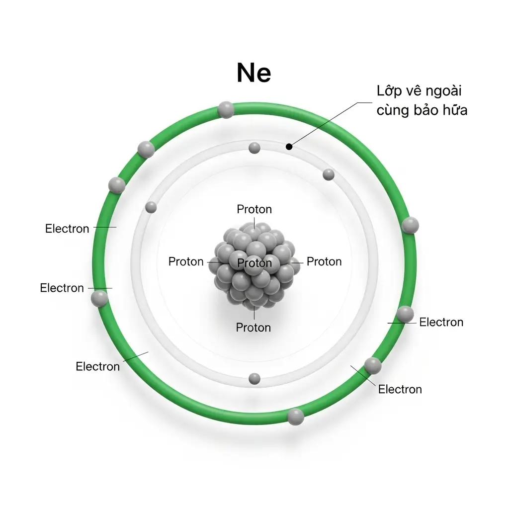 Sơ đồ cấu trúc nguyên tử Neon với lớp vỏ electron ngoài cùng bão hòa giải thích tính trơ hóa học