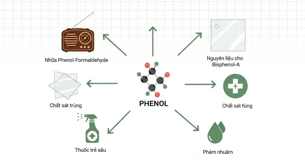Sơ đồ infographic minh họa các ứng dụng công nghiệp chính của Phenol, từ sản xuất nhựa Bakelite, polycarbonate đến dược phẩm.