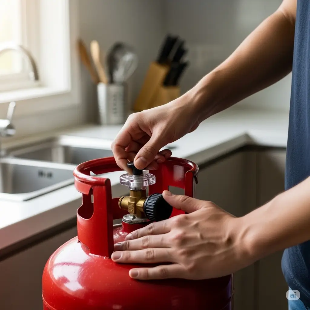 Thao tác khóa van bình gas an toàn khi sử dụng xong.