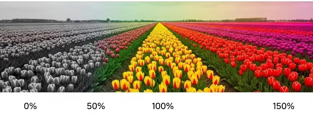 Quang phổ minh họa các cấp độ bão hòa màu sắc từ thấp đến cao.