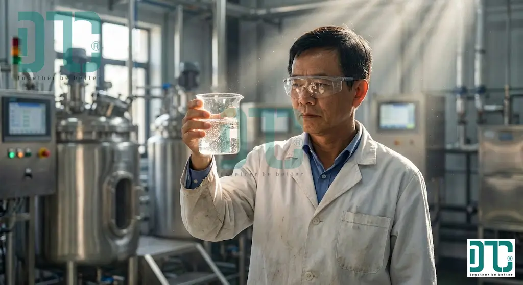 Kỹ sư hóa chất kiểm tra độ tinh khiết của oxy già công nghiệp H2O2 50% nhập khẩu Hàn Quốc trong phòng thí nghiệm.