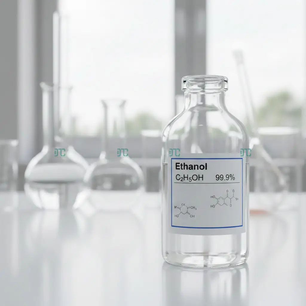 Chai hóa chất Ancol Etylic (Ethanol) tinh khiết C2H5OH trong phòng thí nghiệm dùng để sát khuẩn và làm dung môi.