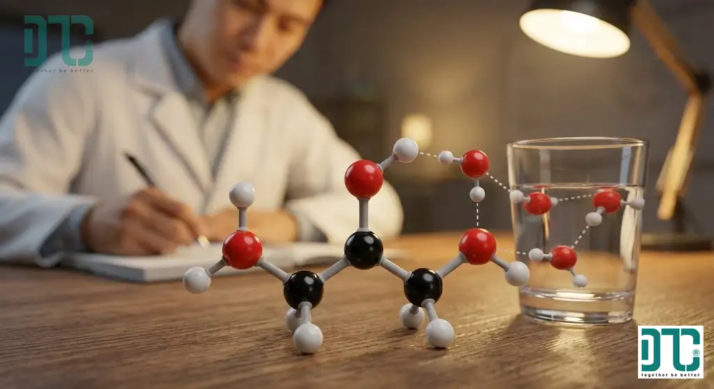 Mô hình cấu tạo phân tử Glycerol C3H8O3 với 3 nhóm chức hydroxyl (-OH) giúp tạo liên kết hydro hút ẩm mạnh.