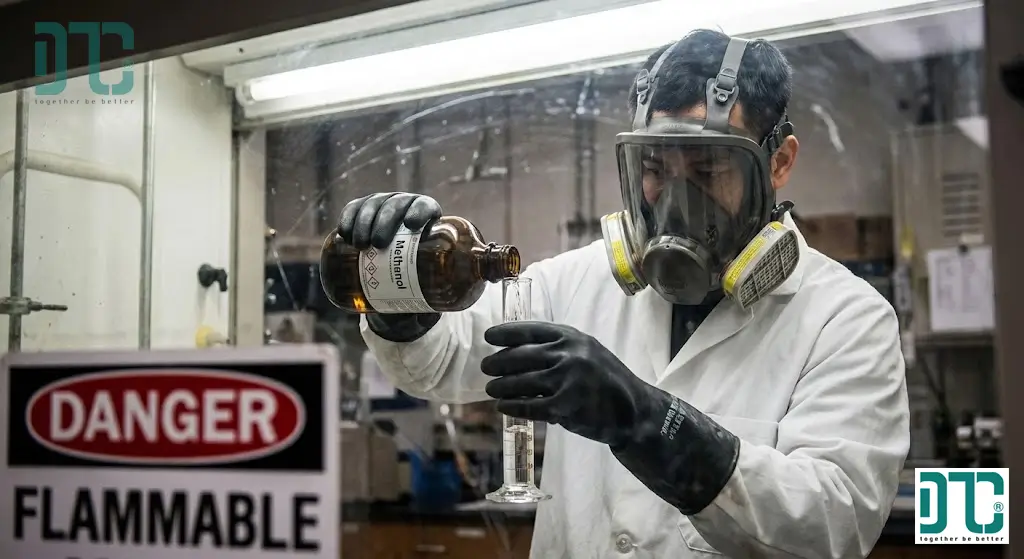 Quy trình thao tác an toàn với dung môi Methanol dễ cháy trong tủ hút khí độc và trang bị bảo hộ PPE đầy đủ.