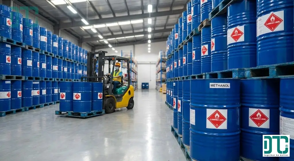 Kho hàng Methanol công nghiệp của Hóa Chất Doanh Tín với các thùng phuy xanh tiêu chuẩn, sẵn sàng cung ứng làm dung môi và nguyên liệu.