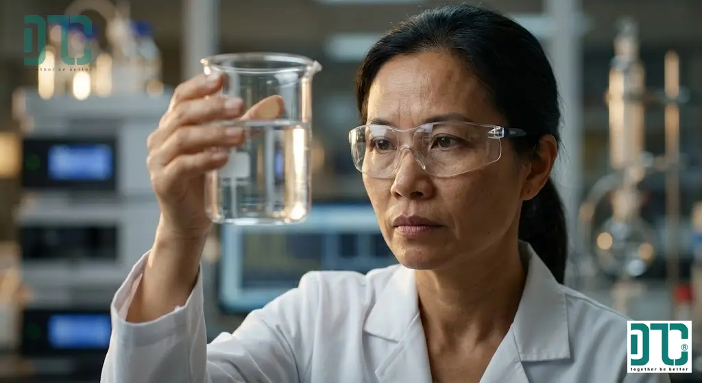 Chuyên gia phòng thí nghiệm đang kiểm tra độ tinh khiết của Methanol 99.9% dùng cho sắc ký lỏng HPLC và LC-MS chuẩn ISO.