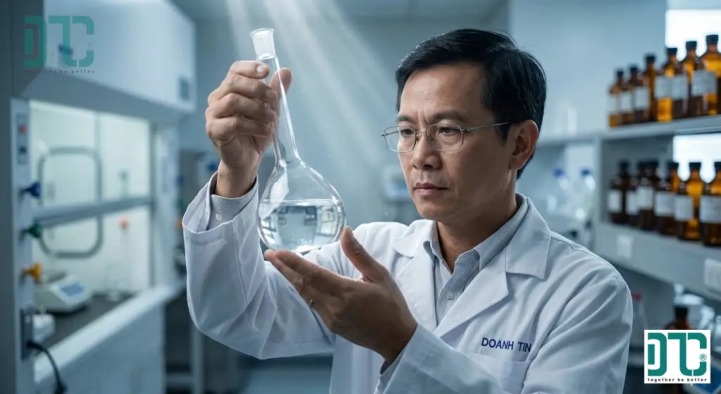 Chuyên gia hóa chất Doanh Tín đang kiểm tra mẫu Methanol (Cồn công nghiệp) trong suốt tại phòng thí nghiệm, đảm bảo độ tinh khiết cao.