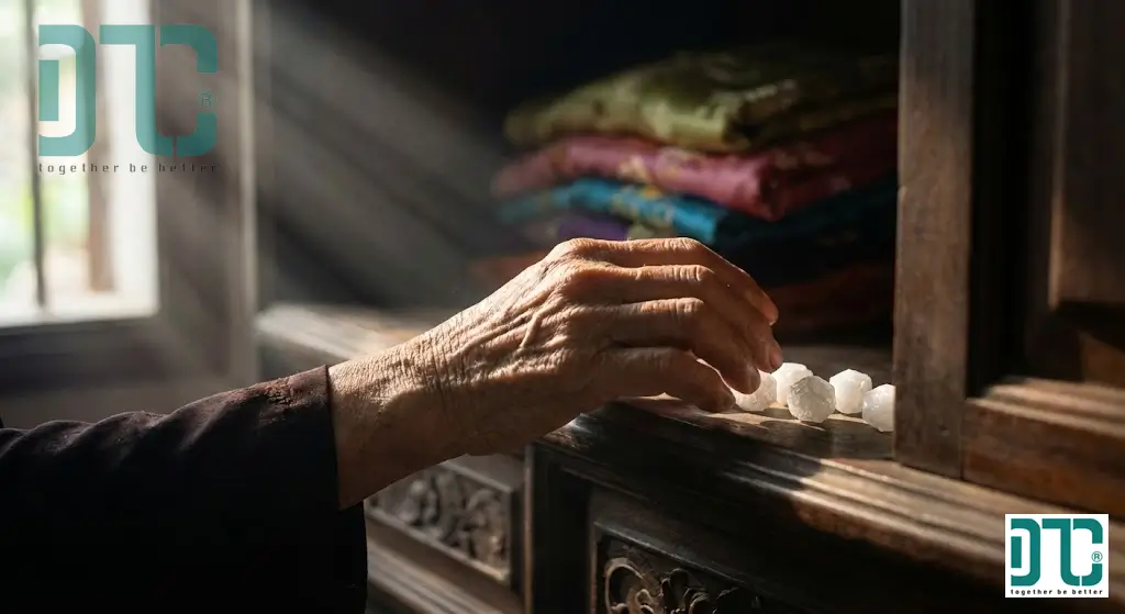 Hình ảnh viên băng phiến (Naphthalene) màu trắng để trong tủ quần áo giúp xua đuổi côn trùng và gián hiệu quả.