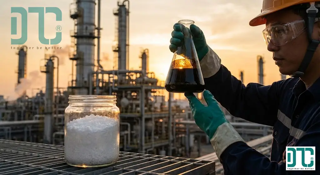 Quy trình sản xuất Naphthalene từ chưng cất nhựa than đá và dầu mỏ trong nhà máy hóa chất công nghiệp.