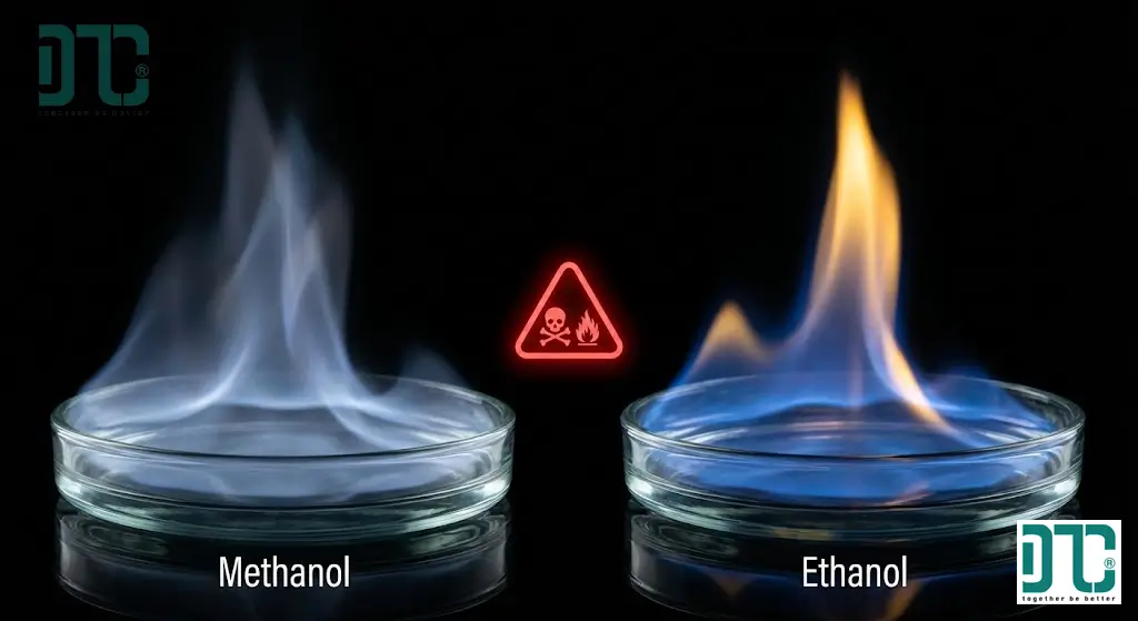 So sánh ngọn lửa Methanol (xanh nhạt, khó nhìn thấy) và ngọn lửa Ethanol (xanh vàng, dễ nhìn thấy) để nhận biết cồn công nghiệp.
