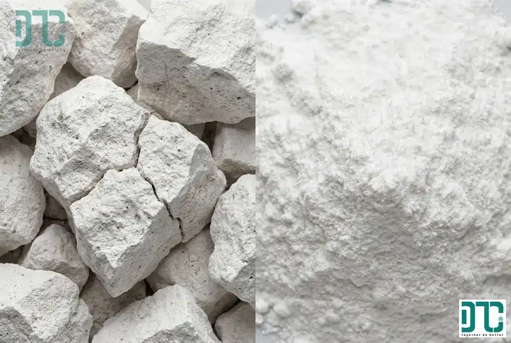 Hình ảnh so sánh sự khác biệt giữa vôi sống CaO dạng cục và vôi tôi Ca(OH)2 dạng bột mịn trong hóa học.