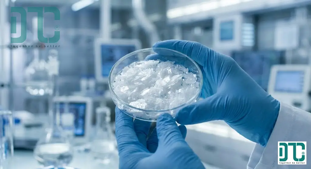 Tinh thể Naphthalene (C10H8) tinh khiết màu trắng rắn cấu tạo từ hai vòng benzen ngưng tụ trong phòng thí nghiệm.