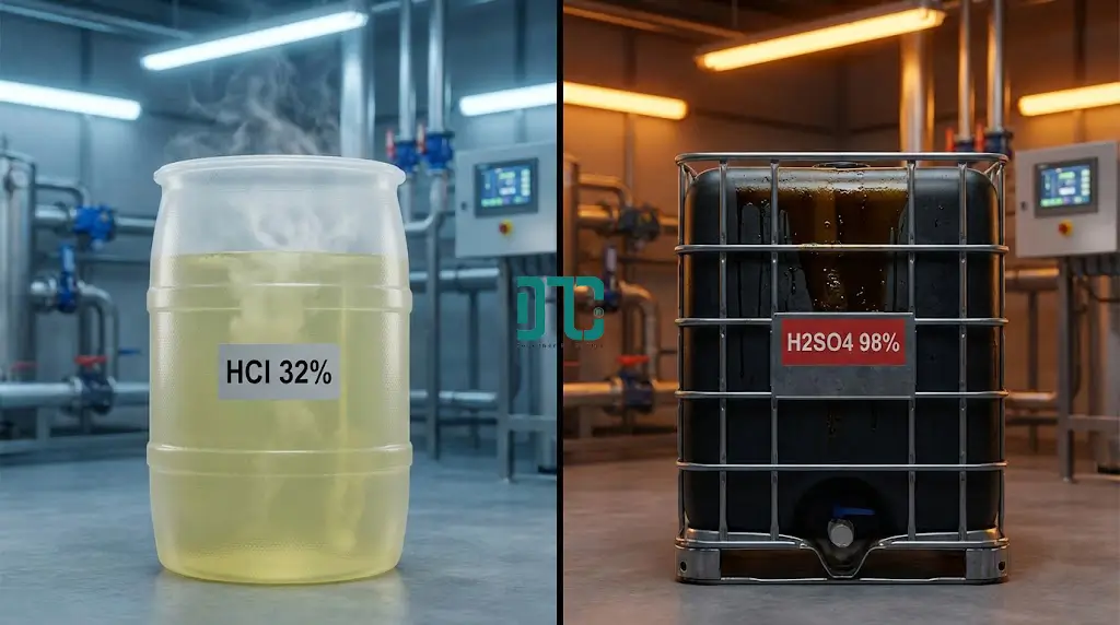 Bảng so sánh ưu nhược điểm của HCl 32% và H2SO4 98% trong xử lý nước.