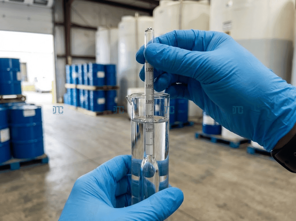 Kiểm tra tỷ trọng dung dịch NaOH 50% bằng tỷ trọng kế thủy tinh tại kho Hóa chất Doanh Tín trước khi giao hàng.